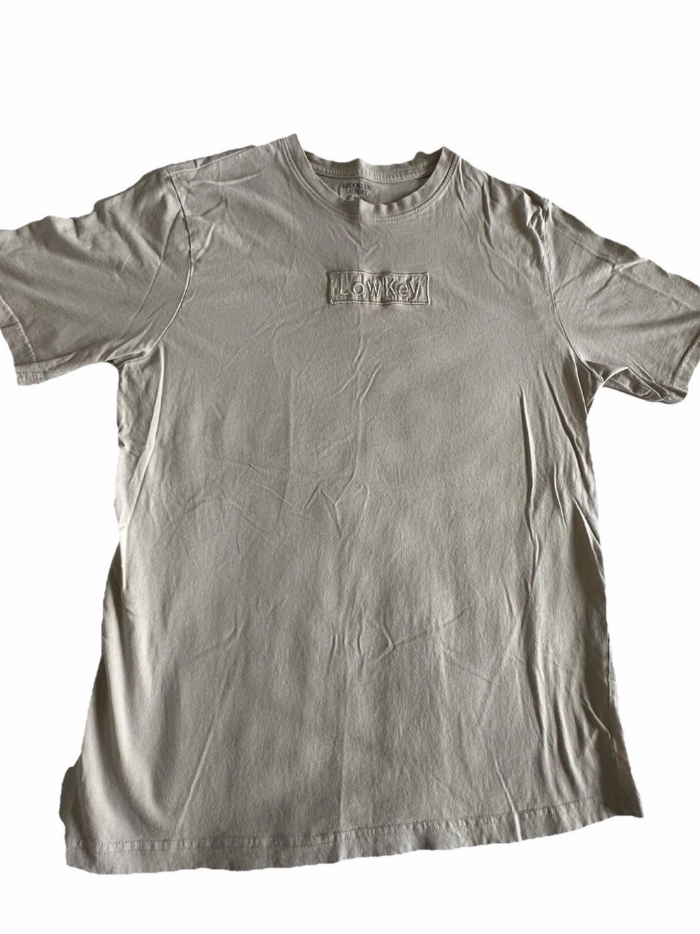 Brooklyn Laundry Mens L 100% Cotton Embroidered Patch Beige Casual T Shirt